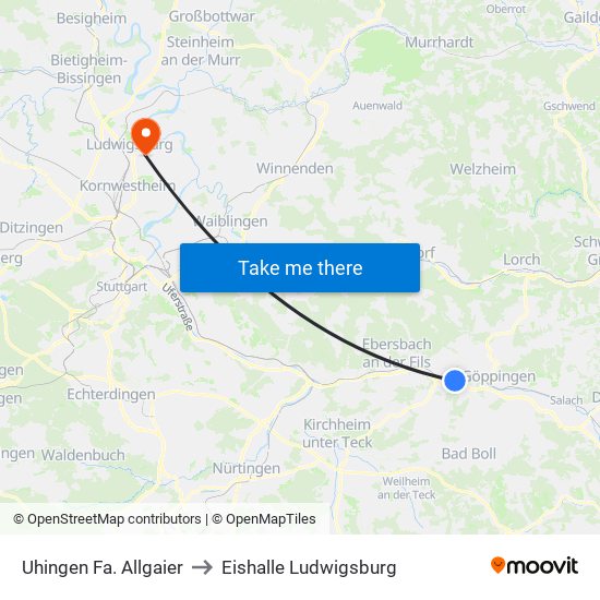 Uhingen Fa. Allgaier to Eishalle Ludwigsburg map