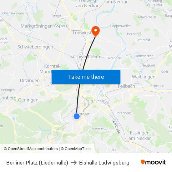 Berliner Platz (Liederhalle) to Eishalle Ludwigsburg map