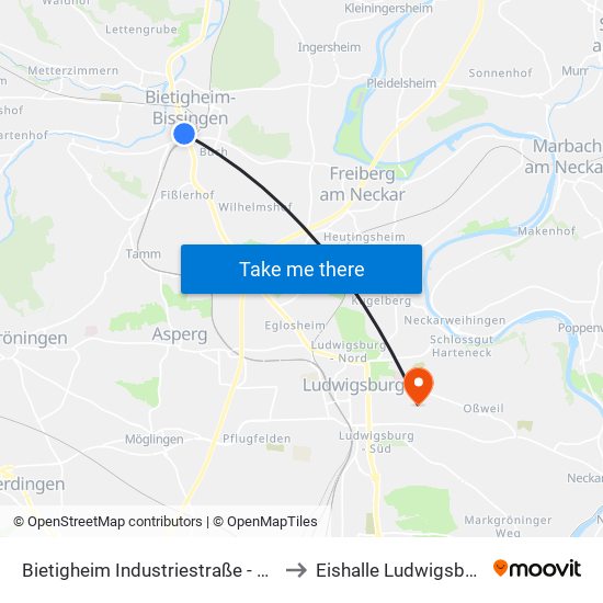 Bietigheim Industriestraße - Zob to Eishalle Ludwigsburg map