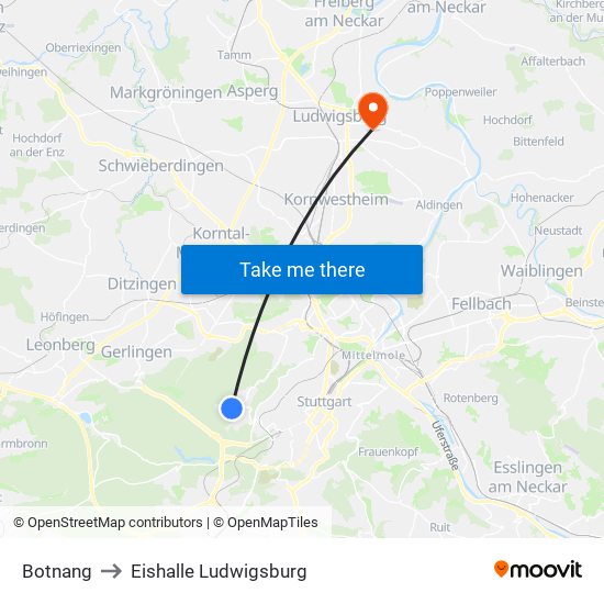 Botnang to Eishalle Ludwigsburg map