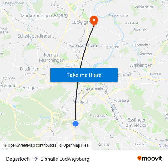 Degerloch to Eishalle Ludwigsburg map