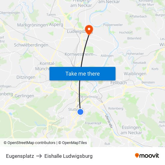 Eugensplatz to Eishalle Ludwigsburg map