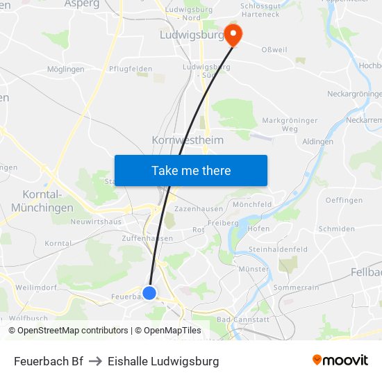 Feuerbach Bf to Eishalle Ludwigsburg map