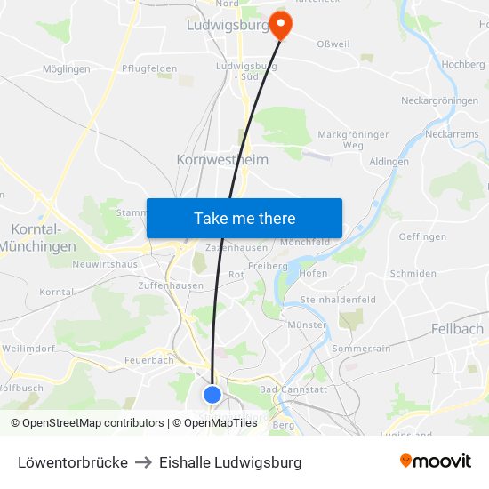 Löwentorbrücke to Eishalle Ludwigsburg map