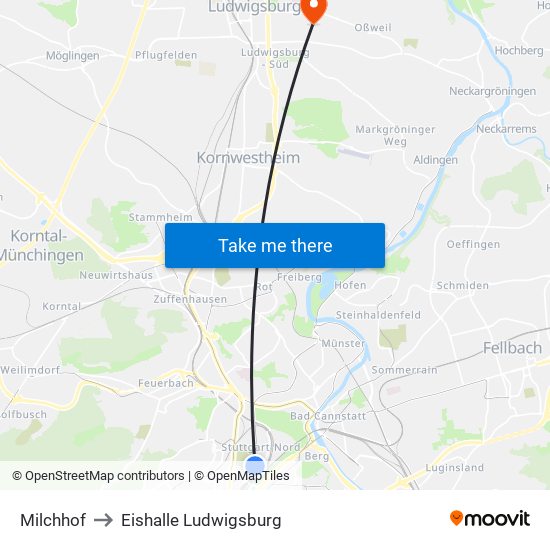 Milchhof to Eishalle Ludwigsburg map