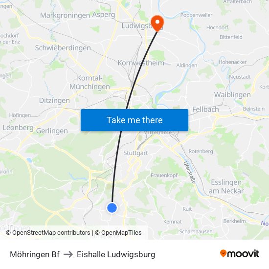 Möhringen Bf to Eishalle Ludwigsburg map