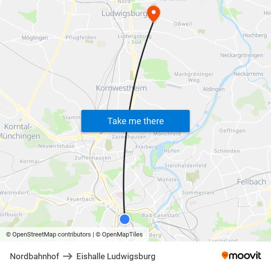 Nordbahnhof to Eishalle Ludwigsburg map