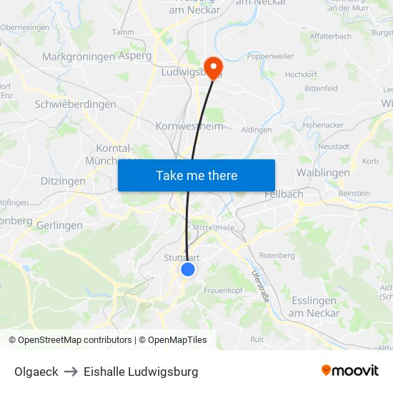 Olgaeck to Eishalle Ludwigsburg map