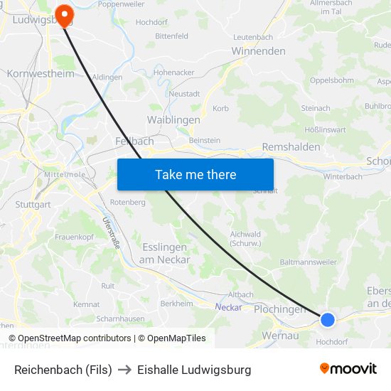 Reichenbach (Fils) to Eishalle Ludwigsburg map