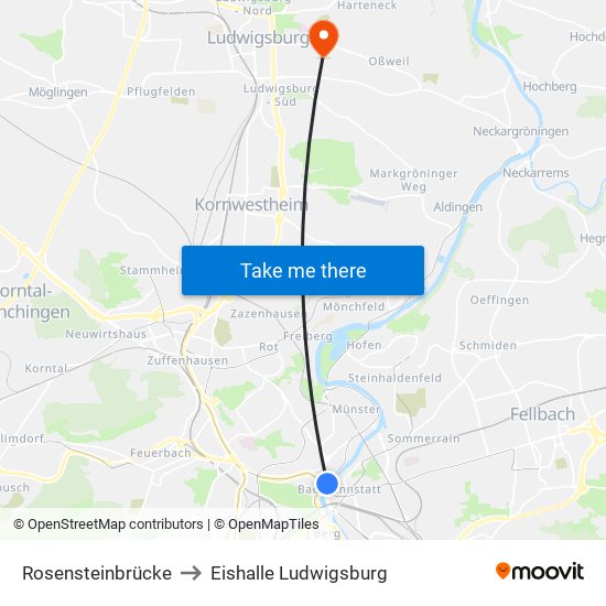 Rosensteinbrücke to Eishalle Ludwigsburg map