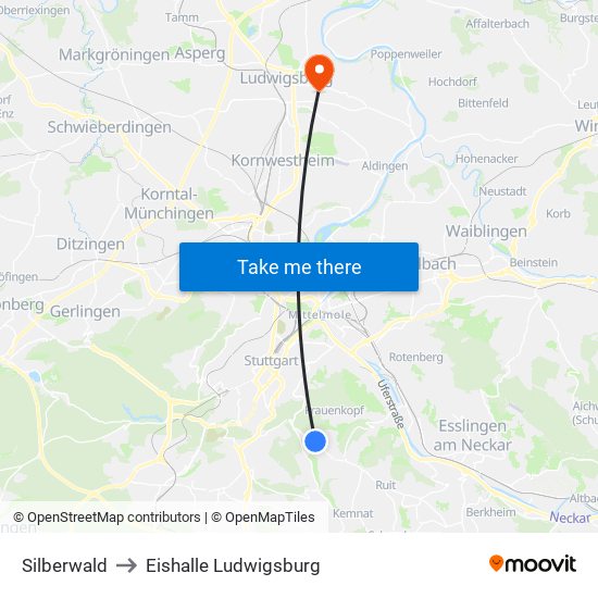 Silberwald to Eishalle Ludwigsburg map