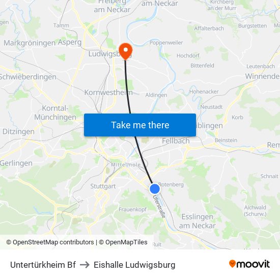 Untertürkheim Bf to Eishalle Ludwigsburg map