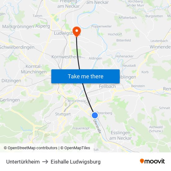 Untertürkheim to Eishalle Ludwigsburg map
