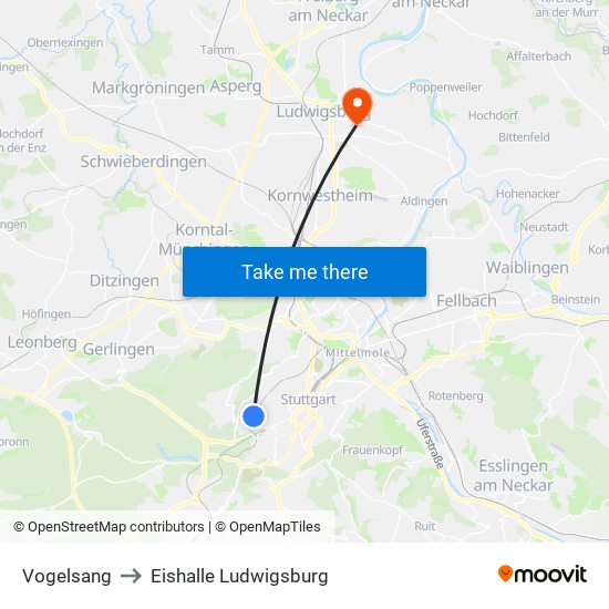 Vogelsang to Eishalle Ludwigsburg map