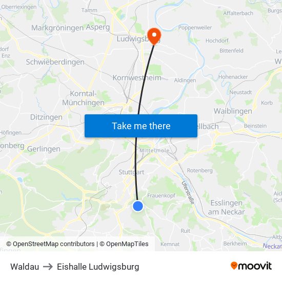 Waldau to Eishalle Ludwigsburg map