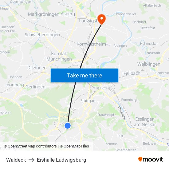 Waldeck to Eishalle Ludwigsburg map