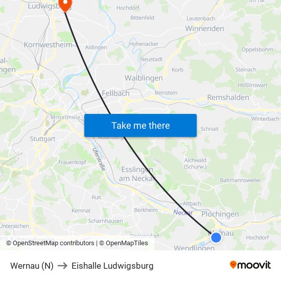 Wernau (N) to Eishalle Ludwigsburg map