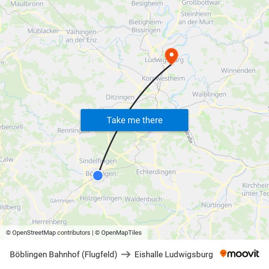 Böblingen Bahnhof (Flugfeld) to Eishalle Ludwigsburg map