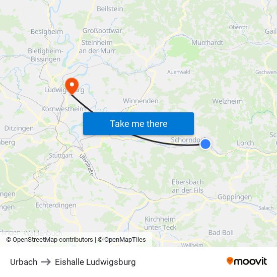 Urbach to Eishalle Ludwigsburg map