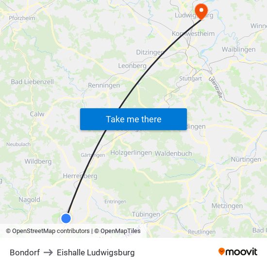 Bondorf to Eishalle Ludwigsburg map