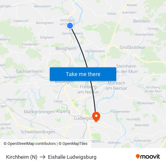 Kirchheim (N) to Eishalle Ludwigsburg map