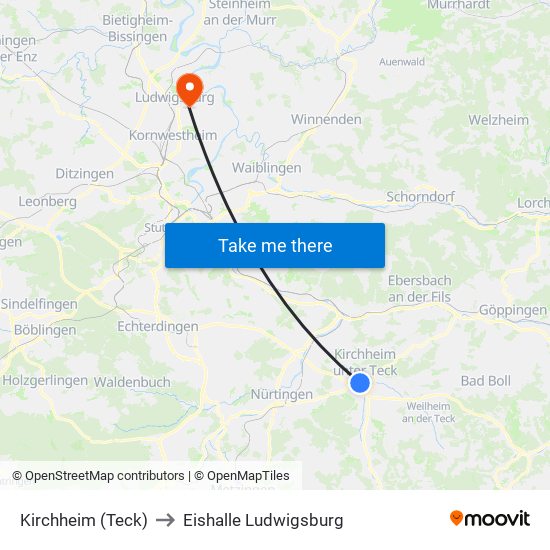 Kirchheim (Teck) to Eishalle Ludwigsburg map