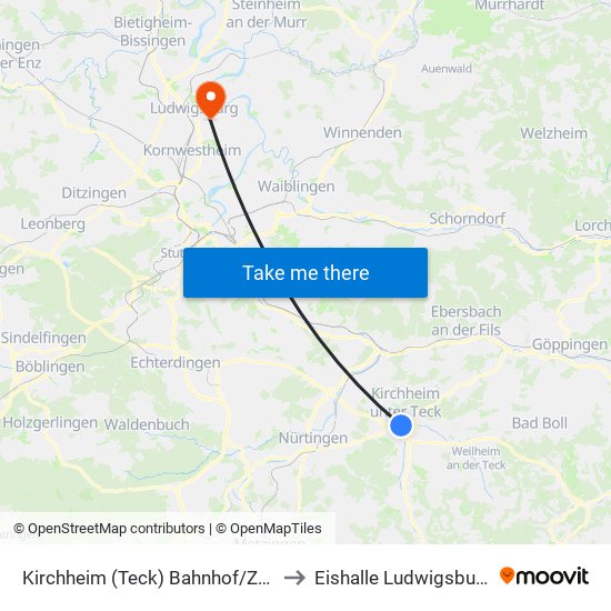 Kirchheim (Teck) Bahnhof/Zob to Eishalle Ludwigsburg map