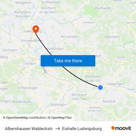 Albershausen Waldeckstr. to Eishalle Ludwigsburg map