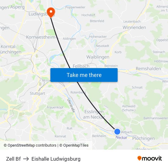 Zell Bf to Eishalle Ludwigsburg map