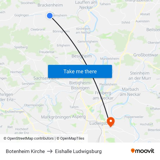 Botenheim Kirche to Eishalle Ludwigsburg map