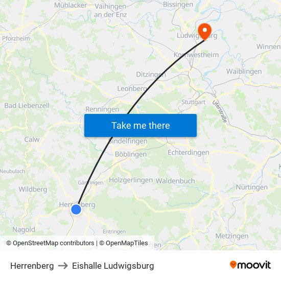 Herrenberg to Eishalle Ludwigsburg map