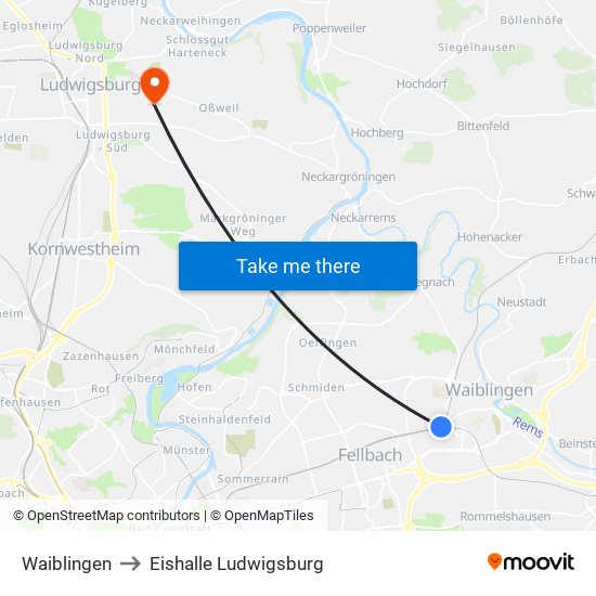 Waiblingen to Eishalle Ludwigsburg map