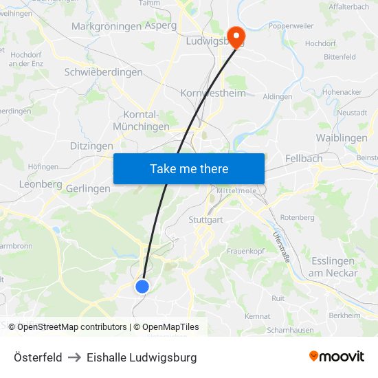 Österfeld to Eishalle Ludwigsburg map