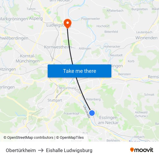 Obertürkheim to Eishalle Ludwigsburg map