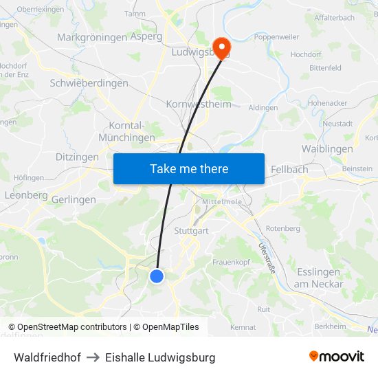 Waldfriedhof to Eishalle Ludwigsburg map