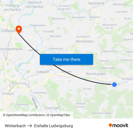 Winterbach to Eishalle Ludwigsburg map