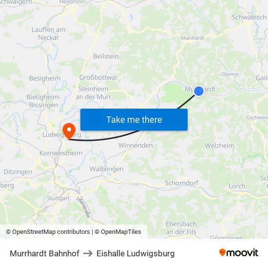 Murrhardt Bahnhof to Eishalle Ludwigsburg map