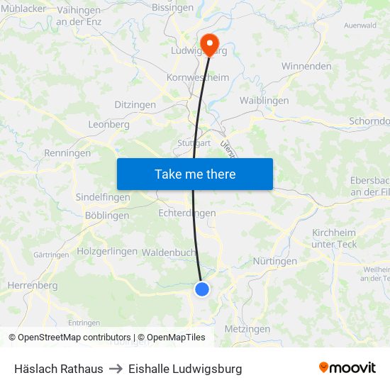 Häslach Rathaus to Eishalle Ludwigsburg map