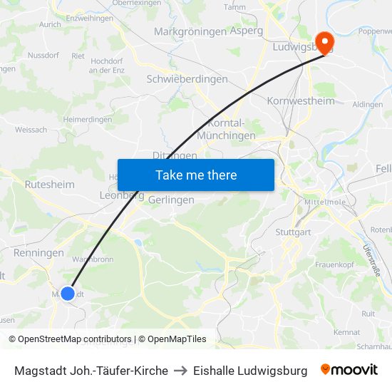 Magstadt Joh.-Täufer-Kirche to Eishalle Ludwigsburg map