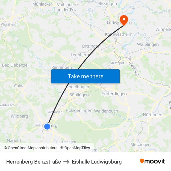 Herrenberg Benzstraße to Eishalle Ludwigsburg map