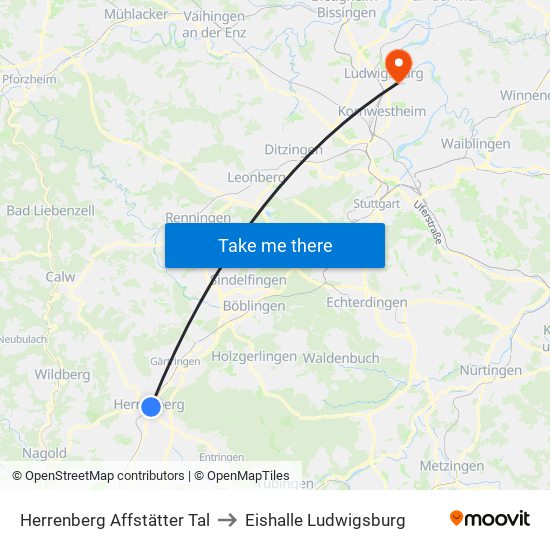 Herrenberg Affstätter Tal to Eishalle Ludwigsburg map