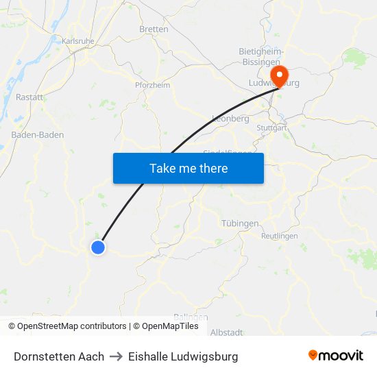 Dornstetten Aach to Eishalle Ludwigsburg map