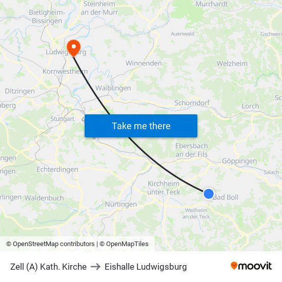 Zell (A) Kath. Kirche to Eishalle Ludwigsburg map