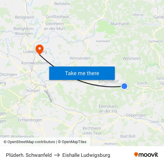 Plüderh. Schwanfeld to Eishalle Ludwigsburg map