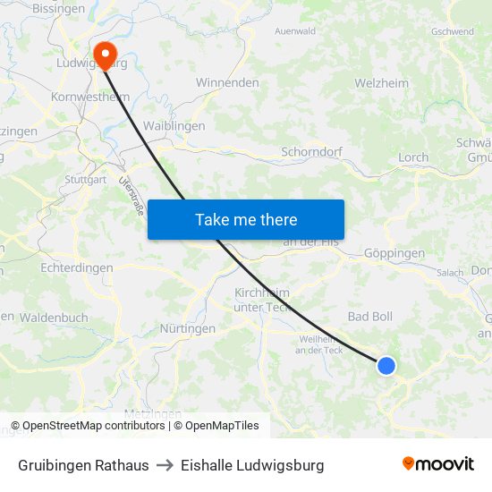 Gruibingen Rathaus to Eishalle Ludwigsburg map
