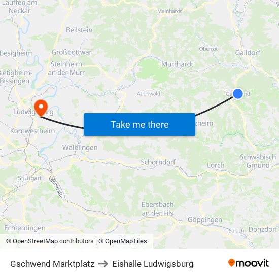 Gschwend Marktplatz to Eishalle Ludwigsburg map