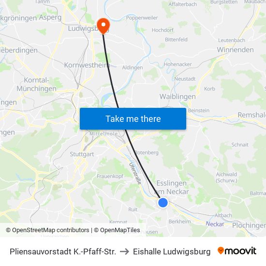 Pliensauvorstadt K.-Pfaff-Str. to Eishalle Ludwigsburg map