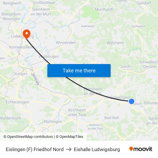 Eislingen (F) Friedhof Nord to Eishalle Ludwigsburg map