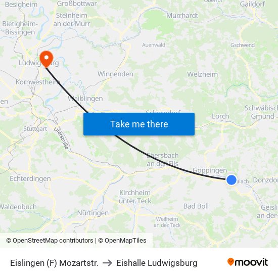 Eislingen (F) Mozartstr. to Eishalle Ludwigsburg map
