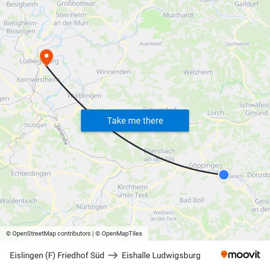 Eislingen (F) Friedhof Süd to Eishalle Ludwigsburg map